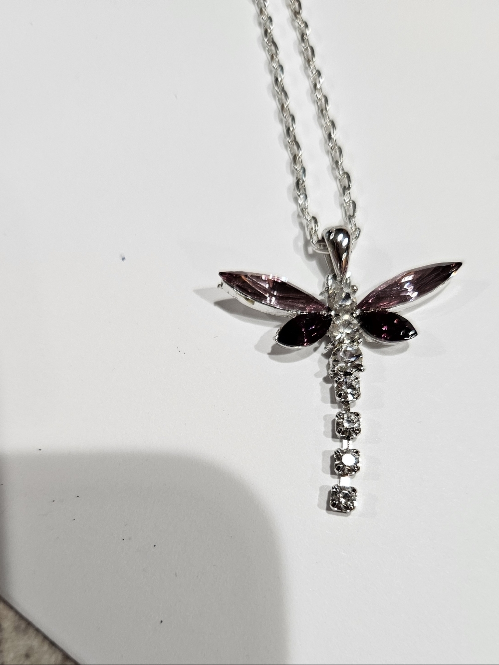 Silver Dragonfly Necklace with Purple Crystal Wings